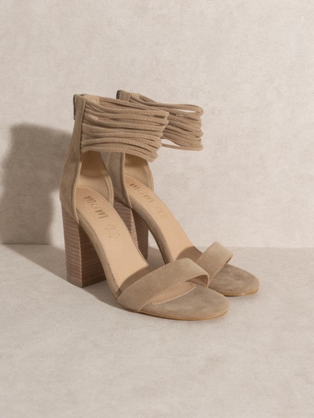Strappy Taupe Block Heel Sandals with Wrapped Ankle